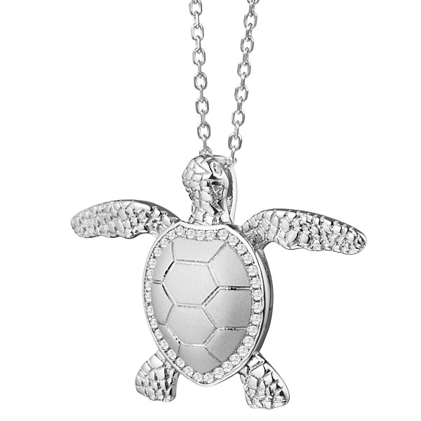 Sterling Silver, High Polish & Matte Finish Turtle Pendant with Crystals