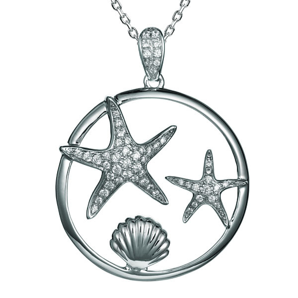 Sterling Silver, Rhodium Plated Crystal Starfish Underwater Pendant