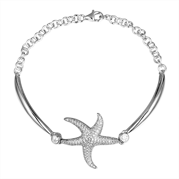 Sterling Silver, Rhodium Plated, Half Bangle, Half Cuff, Fully Loaded Crystal Starfish Bracelet